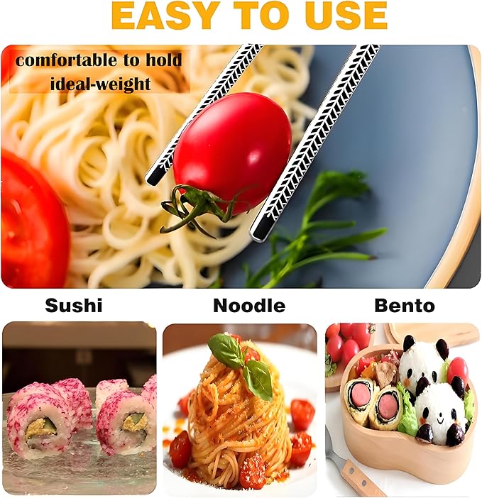 Metal Chopsticks Reusable 5 Pairs 18/8 Stainless Steel chop sticks silver | Dishwasher Safe,Non-Slip Grip,Good for Beginners,SUS304 Resistant to Rust,Square,Lightweight 9.25''