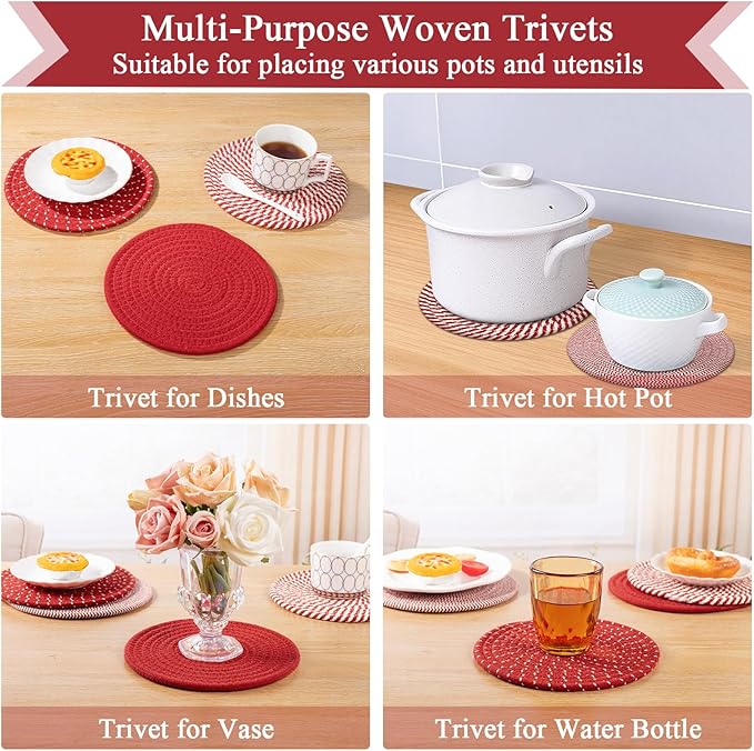 SHACOS 8 Inches Trivets for Hot Dishes, 4 Pieces Cotton Trivets Mats for Kitchen, Hot Pads for Countertops and Table, Heat-Resistant Pot Holders for Hot Pots and Pans(Red, 4pcs)