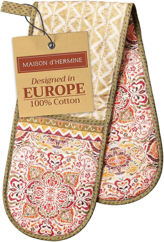 Maison d' Hermine Double Oven Mitts 100% Cotton Double Oven Glove (7"x35") | Heat Resistant BBQ Cooking Gloves with Loop Baking Kitchen Home Hotel Farmhouse Thanksgiving Christmas - Damask