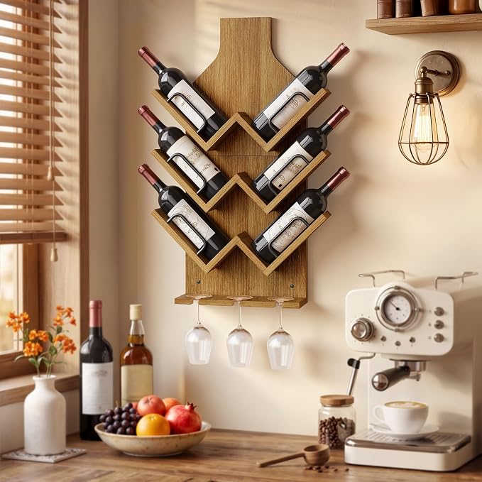 Hoctieon Wine Rack Wall Mounted, 6 Bottles Wood Wine Rack for Display and Storage, Hanging Bottle Holder Bar Shelves for Living Room, Kitchen, Dining Room, Wine Cellar, Warm Brown