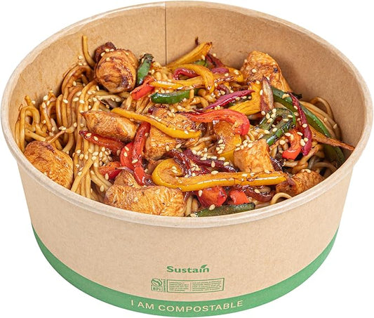 Restaurantware Compostable Paper Food Containers 50 Pack Of 50 oz BPI-Certified Round Kraft Salad Bowls Disposable Grease-Resistant Meal Prep Take Out Containers For Ice Creams, Soups, Snacks