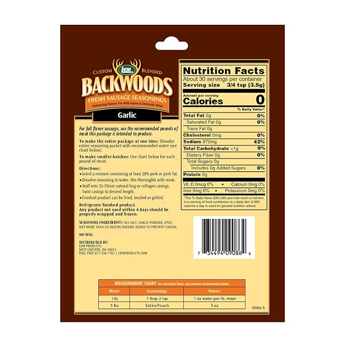 LEM Products Backwoods Garlic Fresh Sausage Seasoning, 12 oz Packet | Pre-Measured Seasoning for Wild Game and Domestic Meat, Seasons Up to 25 Pounds of Meat for Homemade Sausages