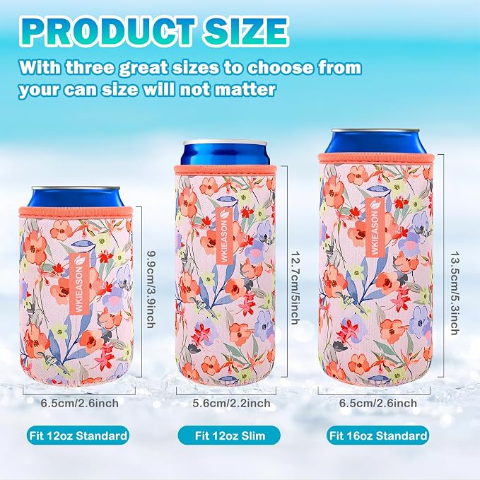 WKieason Neoprene Can Sleeves Insulators Beer Coozies 3 Size - 12OZ Standard Can Sleeve, 12OZ Slim Can Sleeve, 16OZ Standard Can Sleeve, 12OZ Standard Beer Can Coolers Coolier Sleeves(Flower Red Set)