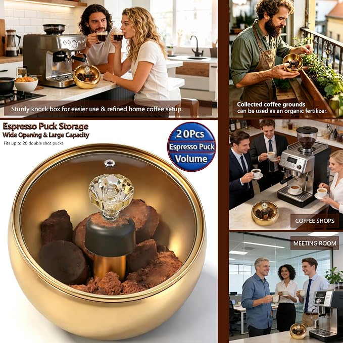 Espresso Knock Box with Glass Lid, Magnetic Knock Bar, Shock-Absorbing Base – Holds 20 Pucks (Gold) | Large Capacity, Stainless Steel ,Coffee Knock Box