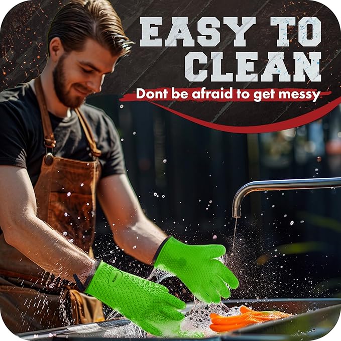 KITCHEN PERFECTION Silicone Smoker BBQ Gloves - Heat Resistant Oven Mitts | Waterproof, 5-Finger Design For A Better Grip, for Pitmasters, Meat Smoking, Grilling, Cooking, Frying Turkey | Grill Gift