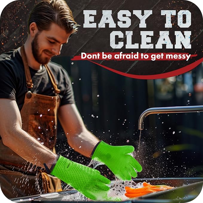 KITCHEN PERFECTION XL Silicone Smoker Oven Gloves-Extreme Heat Resistant BBQ Gloves-Handle Hot Food Right on Your Grill Fryer&Pit|Waterproof Grilling Cooking Baking Mitts|Superior Value Set+3 Bonuses | Waterproof, 5-Finger Design For A Better Grip, Bes...