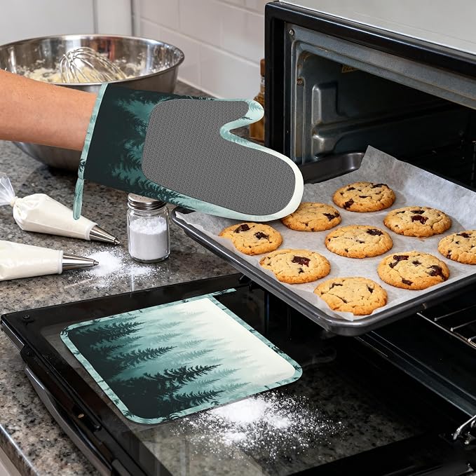 Misty Forest Silicone Oven Mitts and Pot Holders,Heat-Resistant 4 Piece Kitchen Set Non-Slip Oven Gloves and Hot Pads for Cooking, Baking, Grilling,BBQ