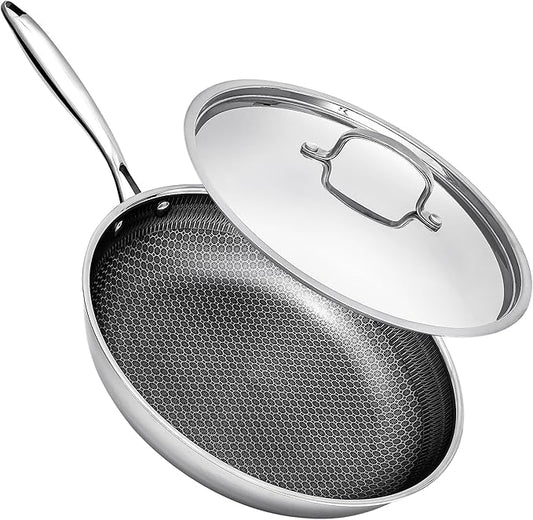Non Stick Frying Pans with Lids, 10 Inch Fry Pan, Hybrid Large Frying Pan with Lid, Nonstick Skillet Stainless Steel, Dishwasher & Oven-Safe, Induction Compatible Cooking Pan