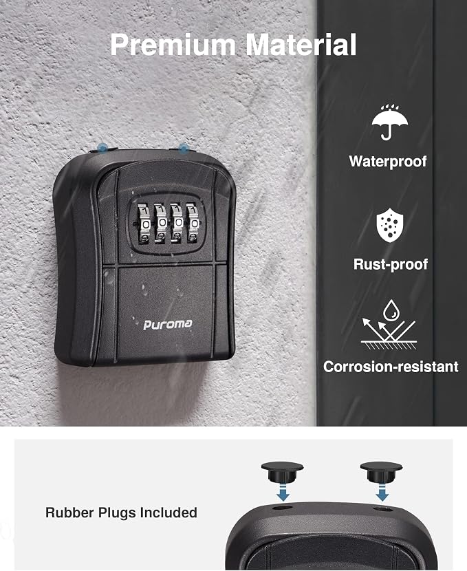 Puroma Key Lock Box Outdoor 4 Digit Code Combination Lockbox House, 4 Black | For Contractors Guest Realtor Storage Keys, Portable, Home Wall Mount, Resettable, Combination, Weatherproof, High-capacity