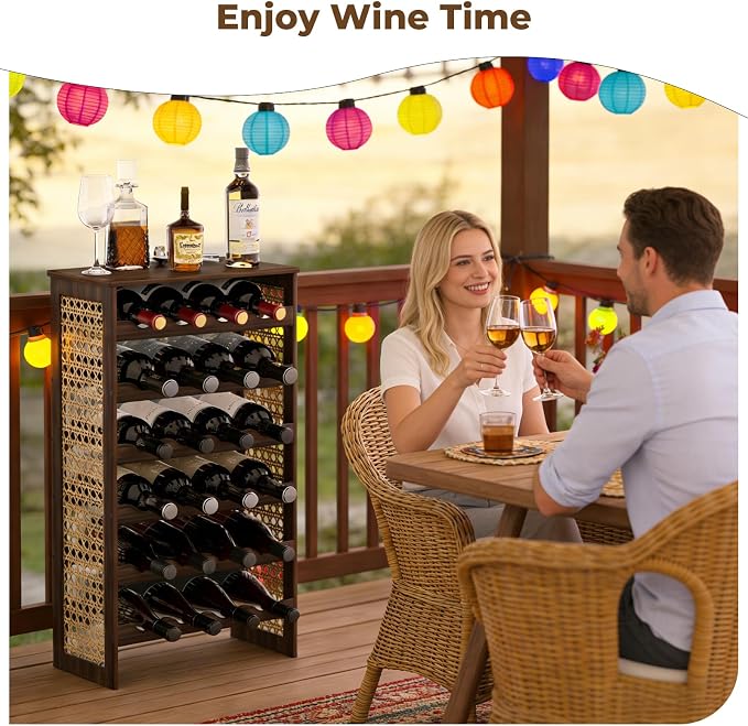 24 Bottle Wine Rack Freestanding Floor, Wine Bottle Holder, Boho Pine Wood & Rattan Mesh Wave Design, for Kitchen Bar Cellar Storage, 16.5" x 9.1" x 29.5"