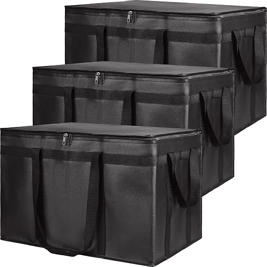 Insulated Food Delivery Bag, XXXL Grocery Cooler Bags, Black, 3-Pack | Insulated Reusable Tote Bag for Shopping/Travel, Catering for Hot/Cold Food Carrier, 23"x14"x15" Commercial Food/Pizza Warmer