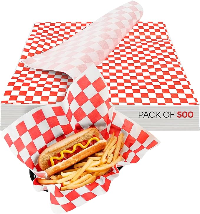 Red Checkered Deli Paper Sheets, 12" x 12" (500 pcs) - USA-Made Premium Food Basket Liners - PFAS-free Grease Resistant Deli Paper Sheets for Food, Snack & Baking Wrap, Picnic & Party by IDL Packaging