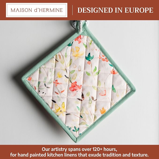 Maison d'Hermine Pot Holders 100% Cotton Heat Resistant Potholders 8" x 8" Hot Pads with Loop BBQ, Cooking, Baking, Grilling, Kitchen, Handling Hot Pans Spring/Summer (Pack of 1, Colmar) | Heat Resistant Hot Pads with Loop BBQ Cooking Baking Farmhouse ...