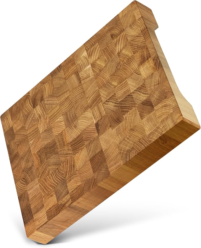 End Grain 10"x7.5" European Oak Wood Cutting Board with Non-Slip Feet & Handles, Charcuterie Board, Knife-Friendly, Serving Chopping Board for Kitchen