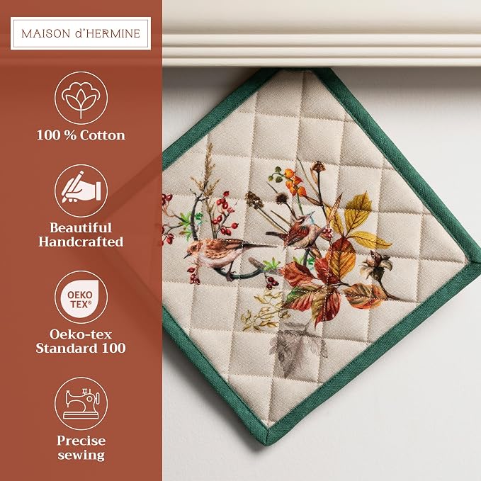 Maison d' Hermine Pot Holders 100% Cotton Potholders (8" x 8", Pack of 2) | Heat Resistant Hot Pads with Loop BBQ Cooking Baking Hotel Kitchen Handling Hot Pans Thanksgiving Christmas - Recolte