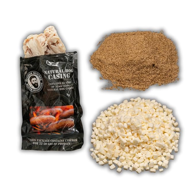 Bearded Butchers Reuben Bratwurst DIY Kit – Corned Beef Spices, Swiss Cheese & 32mm-35mm Natural Hog Casings – Make Authentic Reuben-Style Brats at Home – Perfect with Sauerkraut – Yields Up to 25 lbs Meat