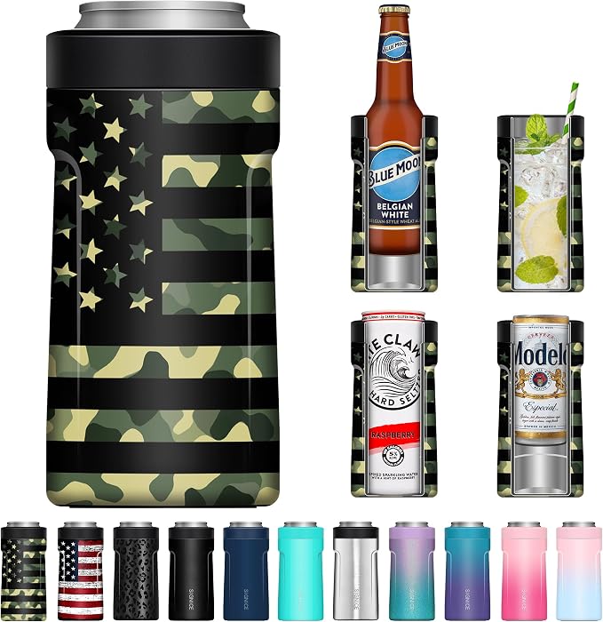 Universal Can Cooler - Signice 3 in 1 Insulated 12 oz Beer Can Insulator Stainless Steel Metal Holder for 12oz Slim Skinny Tall Standard Cans Bottle Hard Seltzer Soda Energy Drinks (Camouflage Flag)