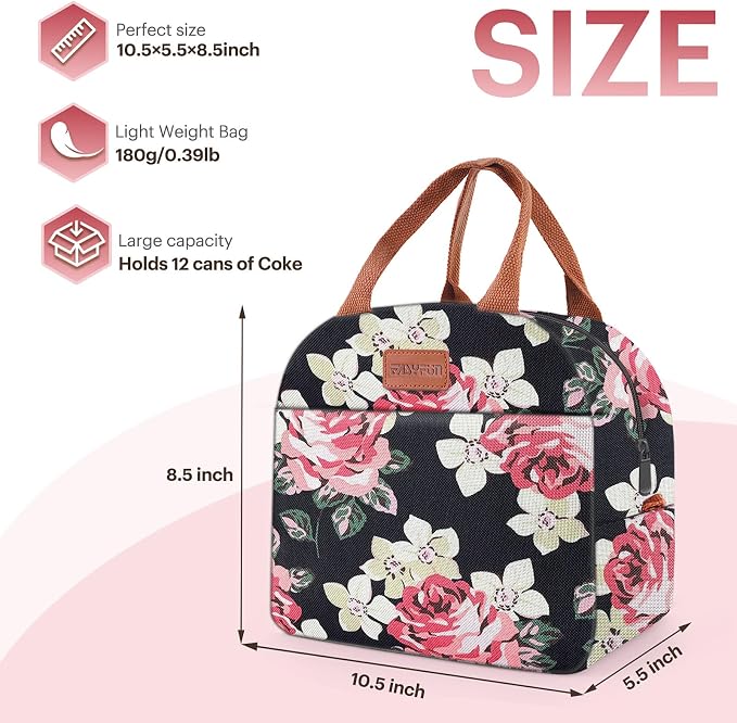 Lunch Bag for Women & Men Adult Insulated Lunch Box, Small Leakproof Cooler Food Lunch Containers Reusable High Capacity Lunch Tote Bags for Work, Travel, Outdoor - Black Rose