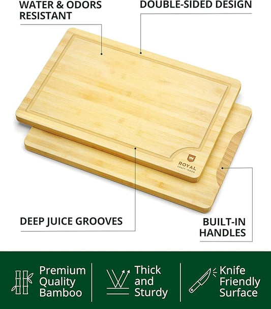 ROYAL CRAFT WOOD Wooden Cutting Boards for Kitchen Meal Prep & Serving - Bamboo Wood Serving Board with Deep Juice Groove Side Handles - Charcuterie & Chopping Butcher Block for Meat
