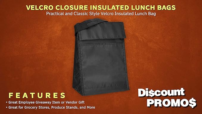 DISCOUNT PROMOS 10 Hook and Loop Insulated Lunch Bags Set - Polyester, Durable, Vibrant, Reusable - Black