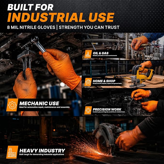 TitanFlex Heavy Duty Industrial Orange Nitrile Gloves, 8-mil, Gloves Disposable Latex Free with Raised Diamond Texture Grip, Powder Free, Rubber Glove, Mechanic Gloves,100-ct Box (Medium)
