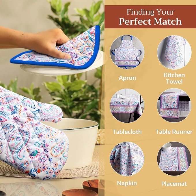 Maison d' Hermine Pot Holders 100% Cotton Potholders (8" x 8", Pack of 1) | Heat Resistant Hot Pads with Loop BBQ Cooking Baking Farmhouse Kitchen Handling Hot Pans Spring Summer - Indian Floral