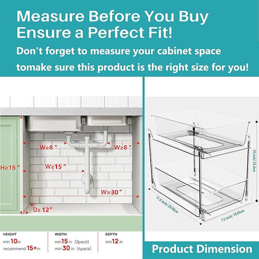 2 Pack Clear Under Sink Organizers, Pull Out Cabinet Organizer,2 Tier Bathroom Storage Organizer,Cabinet Drawers Organization Bins with Track for Kitchen,Pantry,Fridge,Vanity