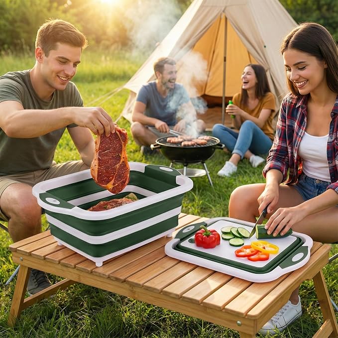 Collapsible BBQ Prep Tub with Lid, Foldable Camping Sink with Colander, Cutting Board, Dish Basin for Kitchen, Bowl, Vegetable and Fruit, Storage Basket for Picnic-Green