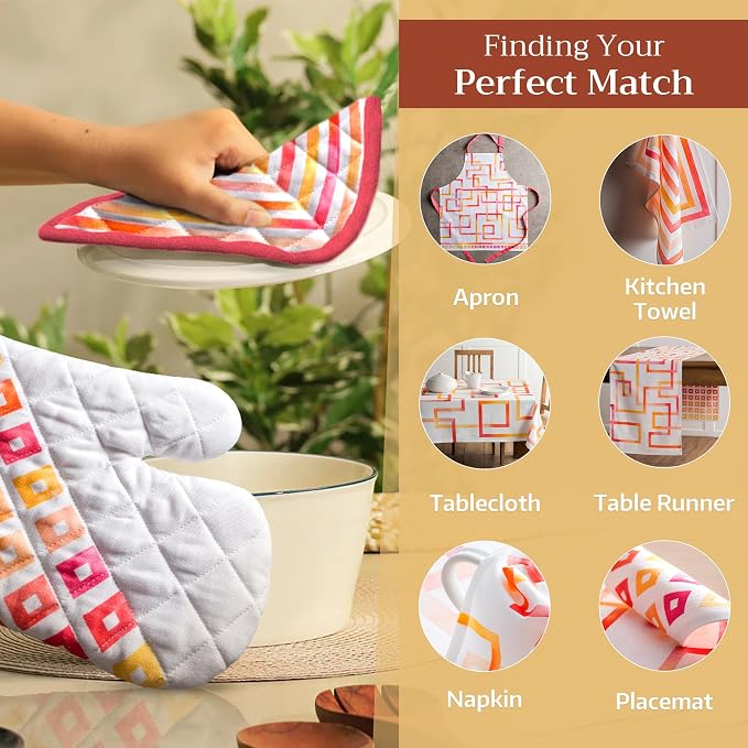 Maison d' Hermine 100% Cotton Oven Mitt & Pot Holder Set (7.5"x13" & 8"x8") | Heat Resistant BBQ Cooking Gloves with Loop Baking Grilling Kitchen Hotel Home Farmhouse Spring Summer - Summer Maze