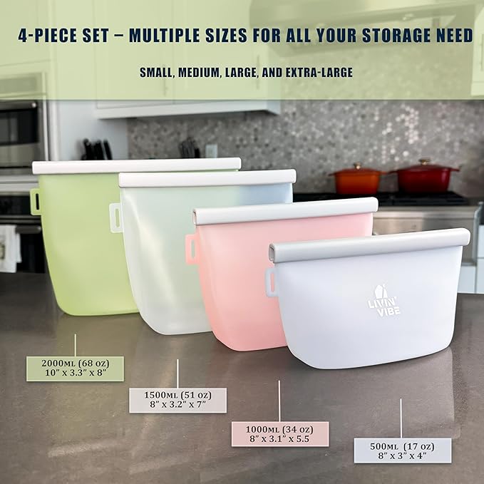 Reusable Silicone Food Storage Bags – Set of 4 Multicolor (500ml/17oz, 1000ml/34oz, 1500ml/51oz, 2000ml/68oz) – Leakproof, Freezer, Microwave, Oven & Dishwasher Safe, BPA-Free