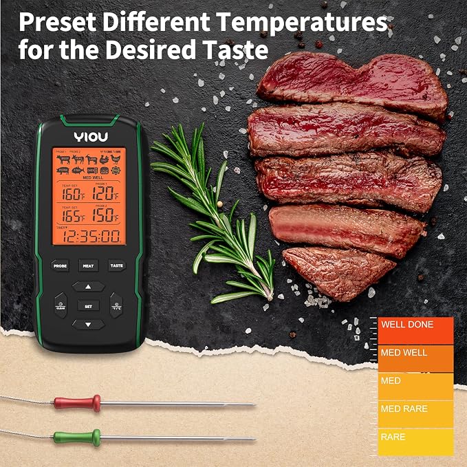 Wireless Meat Thermometer for Cooking, Digital Meat Thermometer with 2 Probes, 500FT Ultra Accurate & Fast Food Thermometer for Oven, Smoker, Green