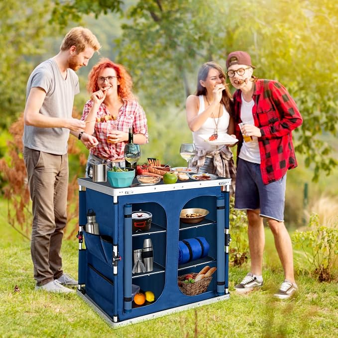EAGLE PEAK Double Folding Camping Table with Storage Organizer and Side Pockets, Portable Outdoor Portable Camping Table for BBQ, Picnic and Tailgating, Carry Bag Included, Blue
