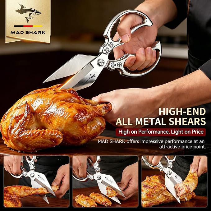 MAD SHARK Heavy Duty Kitchen Shears, Sharp All Purpose Kitchen Scissors | 8mm German Steel Poultry Shears for Chicken, Meat, Turkey, Seafood & Vegetables, Dishwasher Safe, Ergonomic, Silver
