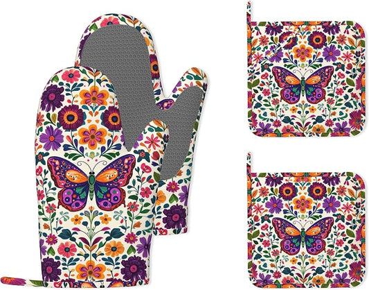 Butterfly Flowers Heat-Resistant Silicone Oven Mitts and Pot Holder 4 Piece Set,Vintage Non-Slip Kitchen Oven Gloves for Baking, BBQ, Cooking,Grilling