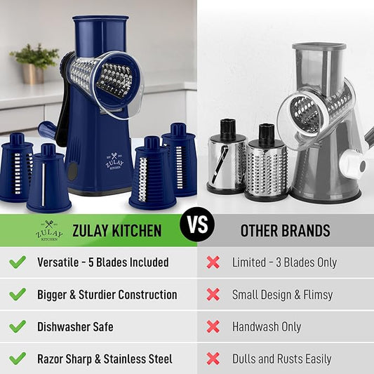 Zulay Kitchen Rotary Cheese Grater 5 Blade Cheese Shredder - Manual Hand Crank Cheese Grater With Reinforced Suction & 5 Interchangeable Drums - Easy to Use, Vegetable Chopper Round Mandoline Slicer