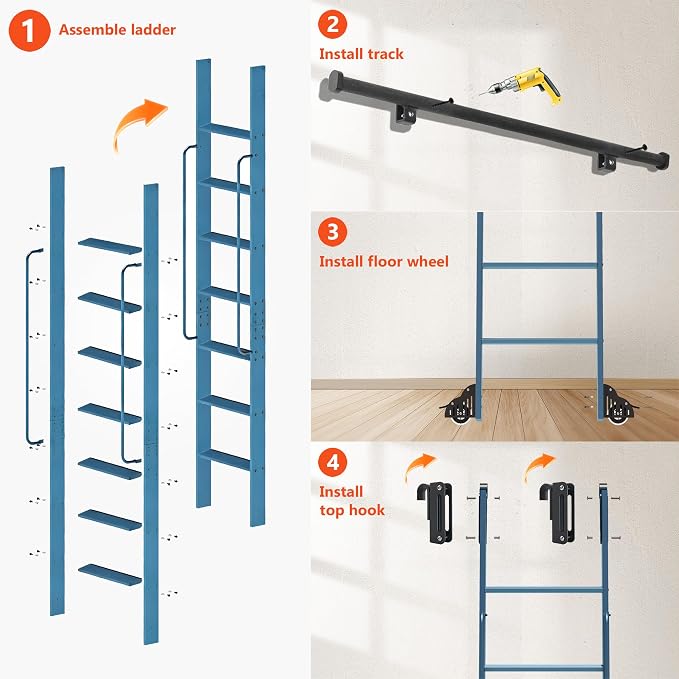 DIYHD 87" Rolling Library Ladder with Handrail, 4FT Sliding Rail, Blue | 7-Step lightweight ladder with space-saving upright storage, Telescopic top hooks, Locking bottom rollers, 300lbs capacity