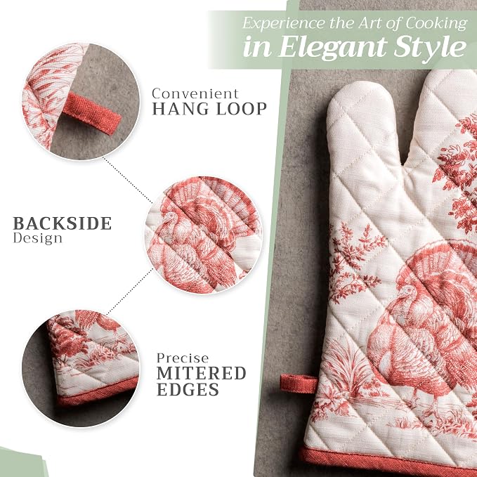 Maison d'Hermine Oven Gloves 100% Cotton Oven Mitt (7" x 13", Pack of 1) | With Loop Heat Resistant BBQ Cooking Gloves Baking Kitchen Handling Hot Pans Thanksgiving Christmas - Holy Jouy - Red