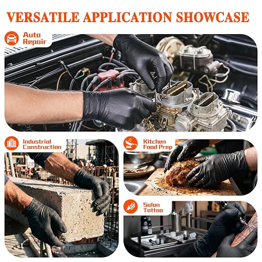 ANBOSON 10 Mil Heavy Duty Mechanic Nitrile Gloves, Medium Black 200 Count | Diamond Grip,Latex Free,Chemical Resistant Disposable Thick Rubber Gloves for Auto Repair, Industrial, Food, Work ,BBQ,Men
