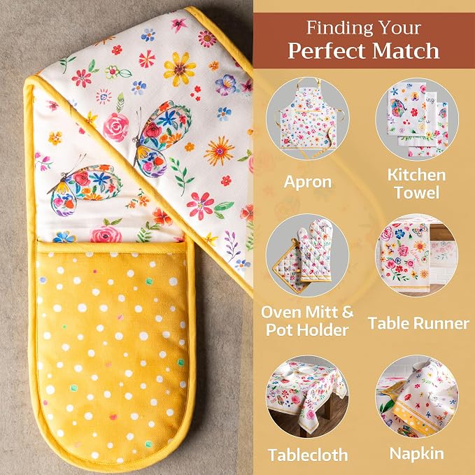 Maison d' Hermine Double Oven Mitts 100% Cotton Double Oven Glove (7"x35") | Heat Resistant BBQ Cooking Gloves with Loop Baking Grilling Kitchen Home Farmhouse Spring Summer - Happy Florals - Sweety