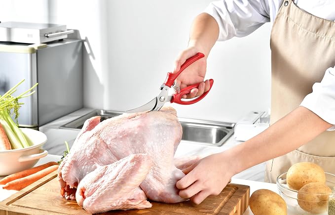 Heavy Duty Poultry Shears - Kitchen Scissors for Cutting Chicken, Poultry, Game, Meat - Chopping Vegetable - Spring Loaded - Red