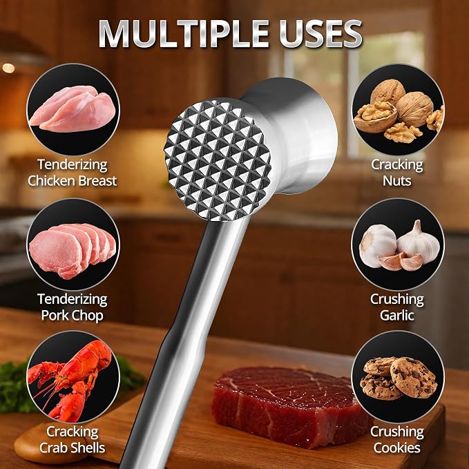 Stainless Steel Meat Tenderizer Hammer – Heavy-Duty All-Metal Design, Anti-Rust & Dishwasher Safe – Textured Surface for Steak, Chicken, Pork, and More,6 - YEAR WARRANTY
