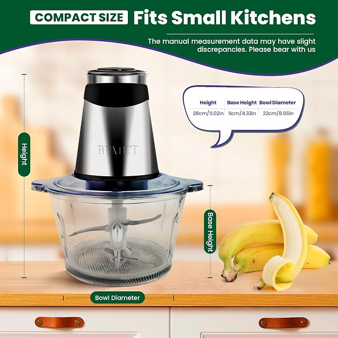 BUMET 500W Meat Grinder 2×8-Cup Bowls 2 Blades Food Chopper | glass+stainless bowl, stainless steel blades for meat/veggies/nuts. easy to clean, ideal for daily kitchen prep.