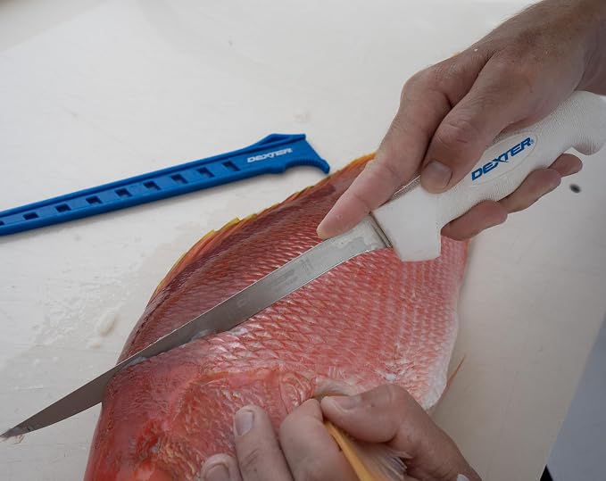 Dexter Outdoors SOFGRIP 8" Flexible Fillet Knife with Edge Guard | Corrosion-resistant high-carbon American stainless blade with soft non-slip grip. Edge guard included, made in USA.