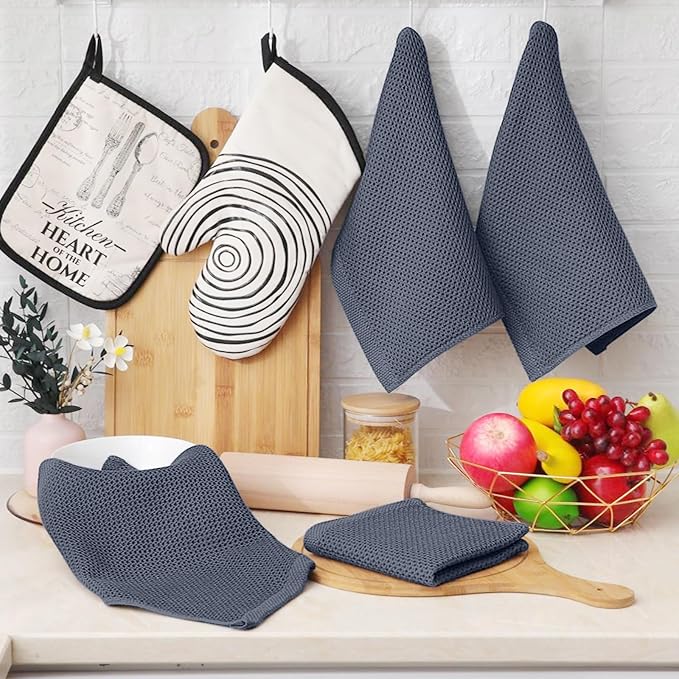 Homaxy 100% Cotton Waffle Weave Kitchen Dish Cloths, 4-Pack, Dark Grey | 12 x 12 Inches, Ultra Soft Absorbent Dish Towels, Quick Drying Dish Rags with Hanging Loop