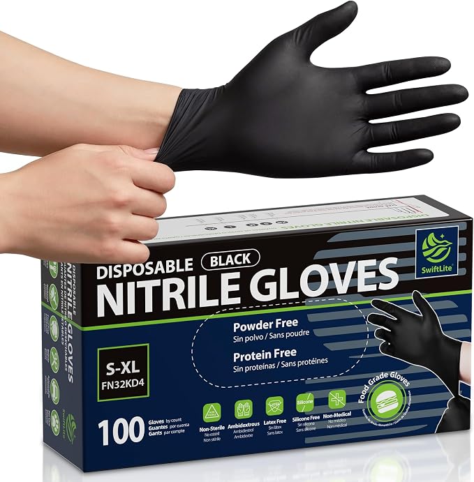 SWIFTLITE Disposable Nitrile Gloves Black, Food Safe Rubber Gloves Latex-Free Powder-Free for Cooking Food Prep Kitchen Clean