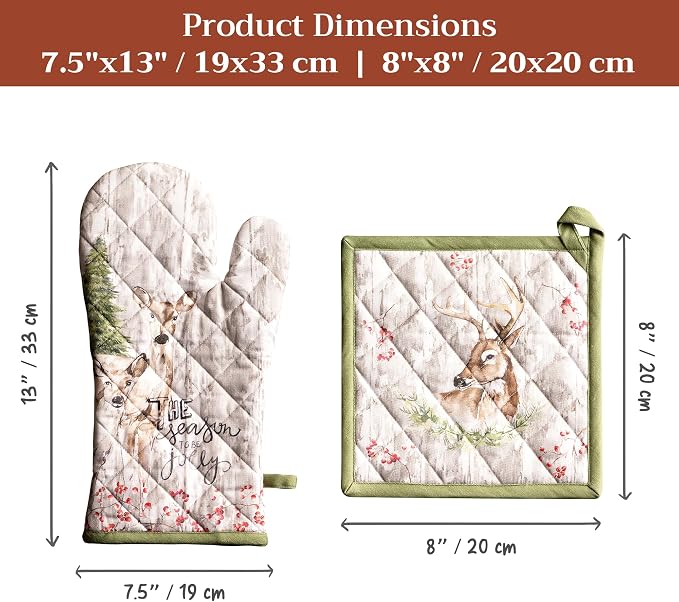 Maison d' Hermine 100% Cotton Oven Mitt & Pot Holder Set (7.5"x13" & 8"x8") | Heat Resistant BBQ Cooking Gloves with Loop Baking Grilling Kitchen Home Farmhouse Thanksgiving Christmas - Mountain Life