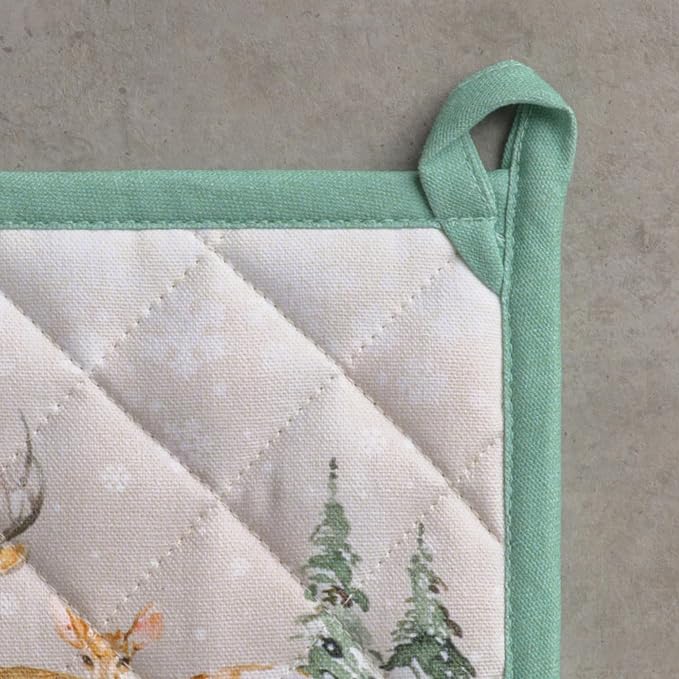Maison d' Hermine Pot Holders 100% Cotton Potholders (8" x 8", Pack of 2) | Heat Resistant Hot Pads with Loop BBQ Cooking Baking Kitchen Handling Hot Pans Thanksgiving Christmas - Deer In The Woods