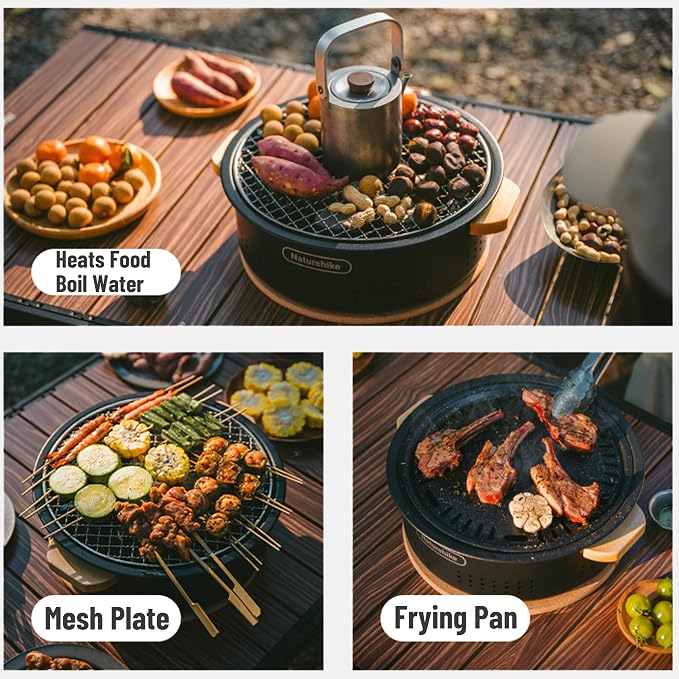 Naturehike Charcoal Barbecue Grill with Heat Proof Mat, 11.8 inches Portable Grill Kit for Outdoor Cooking, Small Non-Stick Korean/Japanese BBQ Charcoal Stove for Camping, Beach, Picnics, Backyard