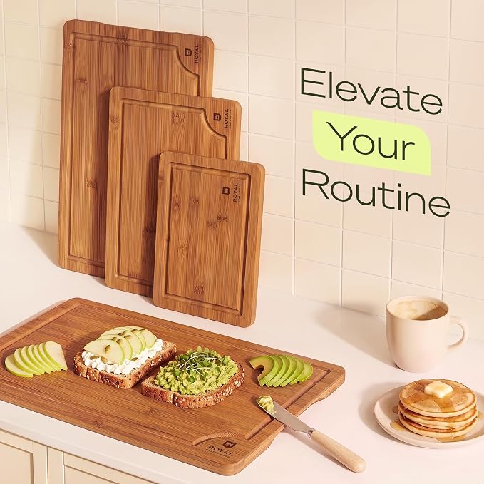 ROYAL CRAFT WOOD Wooden Cutting Boards for Kitchen Meal Prep & Serving - Bamboo Non Toxic Cutting Board Set with Deep Juice Groove Side Handles - Charcuterie & Chopping Butcher Block for Meat (4 Pcs)