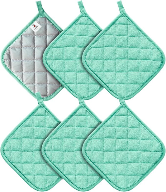 Joyhalo 6 Pack Pot Holders for Kitchen Clearance | Cotton Oven Holder with Great Heat Resistance, Potholders Sets for Kitchen, Countertops, Hot Pots and Pans, Aqua